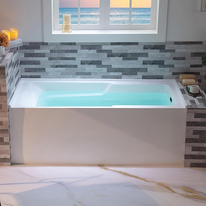 WOODBRIDGE 54" Acrylic Rectangular Alcove Soaking Bathtub in White with Right Drain, Matte Black Pop-Up Drain Included BA5430R
