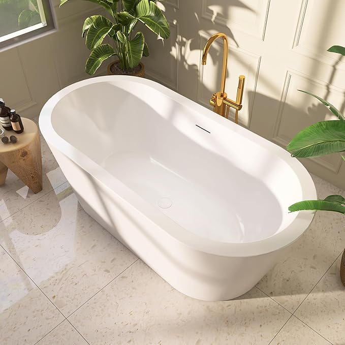 61" Freestanding Bathtubs, Acrylic Soaking Tubs for Adult, Integrated Overflow and Drain, cUPC Certified, Glossy White