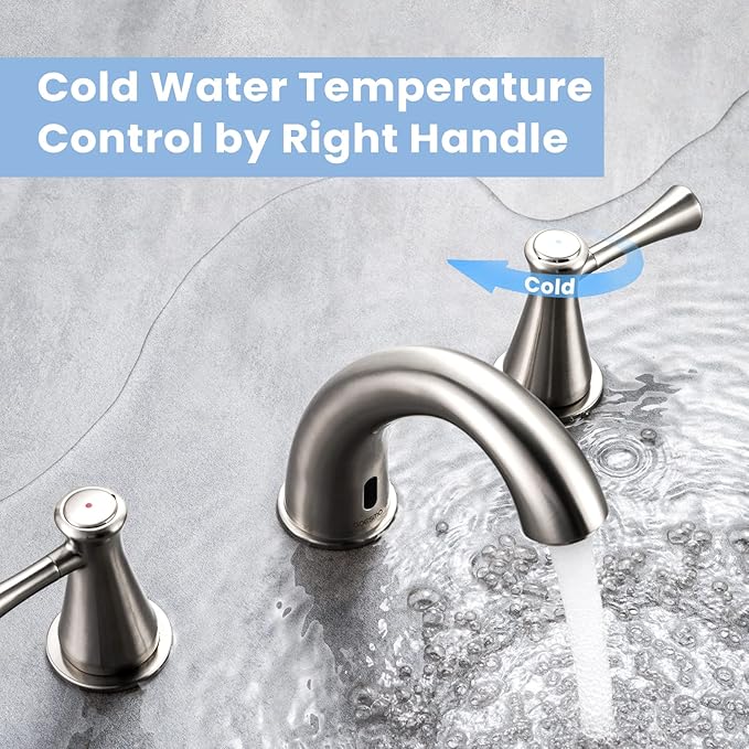 Touchless Bathroom Faucet for 3 Holes with 3 Handles, Controlling Temperature & Adjustable Water Flow, Short & Long Induction Modes, Auto Motion Sensor Brushed Nickel Bathroom Faucet Set 29180
