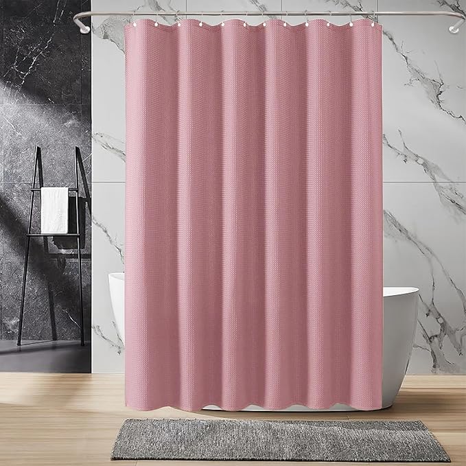 Inhousolu Fabric Shower Curtain Waffle Weave, 230 GSM Heavy Duty, Weighted Hem, 14 Metal Hooks, Water Repellent, Machine Washable, Hotel Spa Luxury Bath Curtain Set, 72 x 72 Inch, Pink