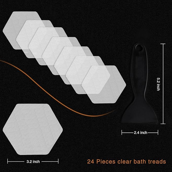 Original 24 PCS Bathtub Stickers Non-Slip, Hexagon Safety Shower Treads Adhesive Appliques with Premium Scraper