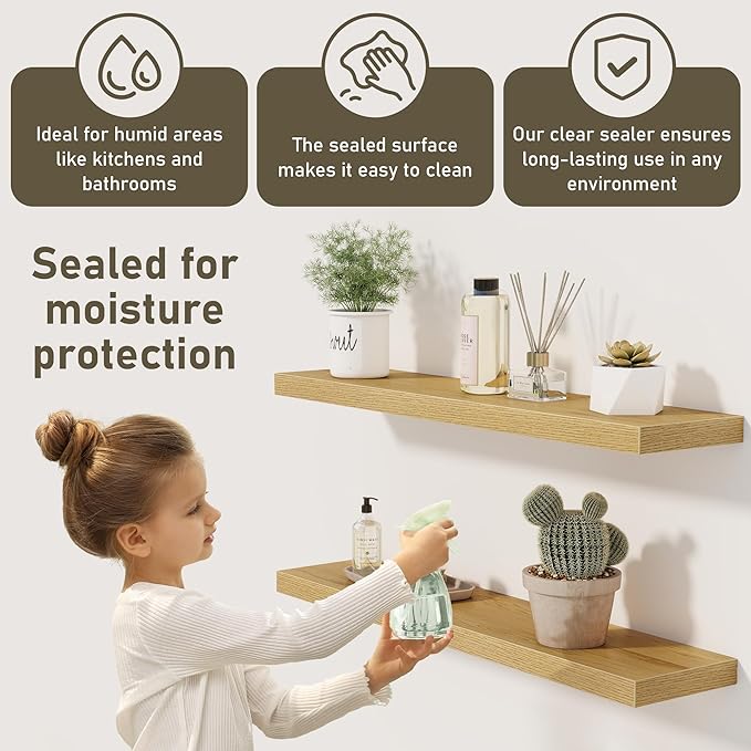 Fun Memories 72 Inch Floating Shelves for Wall 2 Pack Shelves for Bedroom|Kitchen|Bathroom 72 x 9.3 Inch Wood Floating Shelf with Invisible Brackets for Books|Storage|Decor, Oak