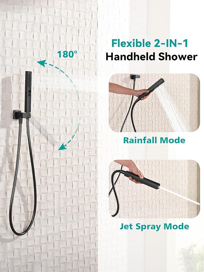 Lefton Shower System in Fahrenheit Display (Battery-free), 10” Overhead Shower Head with All-in-one Handheld Spray Showerhead and Bathtub Faucet, 4-in-1 Control System, SSWM2502 (Matte Black)