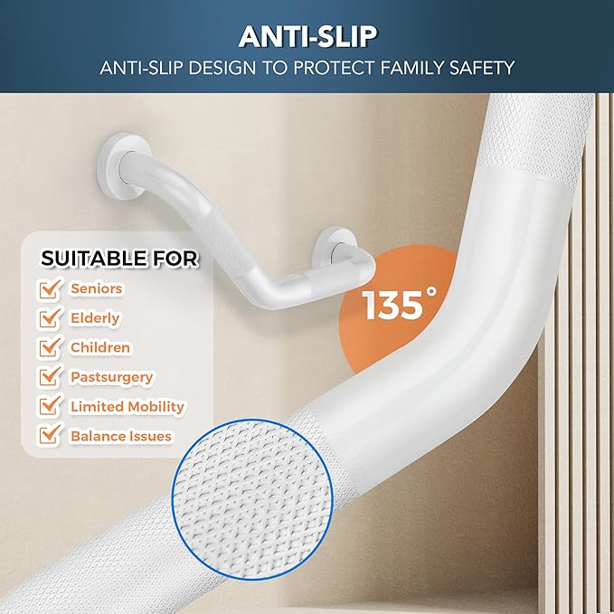 Grab Bars for Bathtubs and Showers- 1-1/4 x 16 Angled Shower Grab Bar for Seniors Knurled Stainless Steel Handicap Grab Bars for Wall (White, 2 Pack)