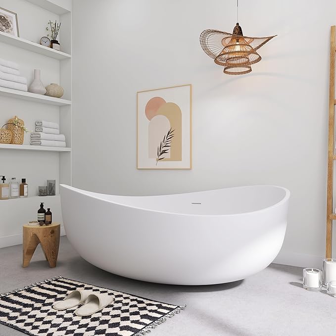 SJ STAR&JANE 71" Solid Surface Freestanding Bathtub, Oval Soaking Stone Resin Tub Couple Tub with Overflow and Pop-up Drain for Modern Bathrooms
