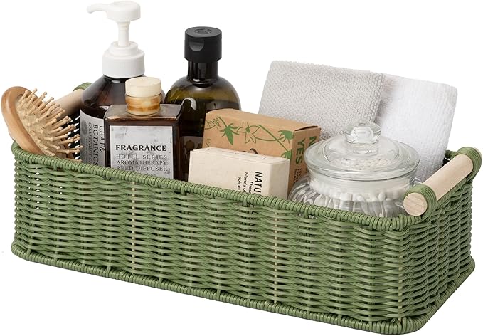 GRANNY SAYS Toilet Paper Basket for Back of Toilet, Wicker Baskets for Storage, Wicker Baskets for Shelves, Waterproof Basket Tank Topper, 14¼" x 6½" x 4¼", Green