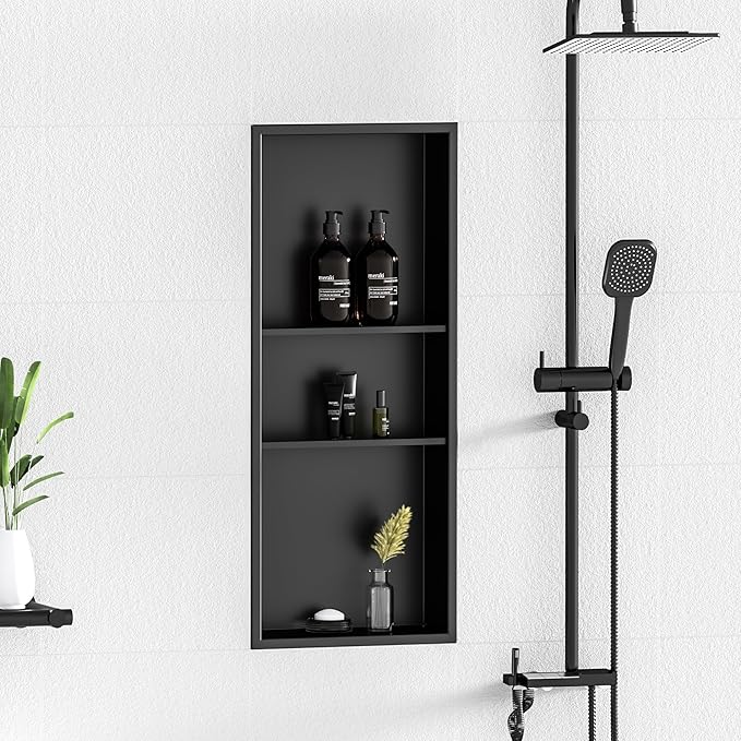 Neodrain 12X30 in Shower Niche, Matte Black 3 Layers Shower Shelf Stainless Steel Recessed Storage NO Tile Needed Recessed Niche Shower for Bathroom Storage