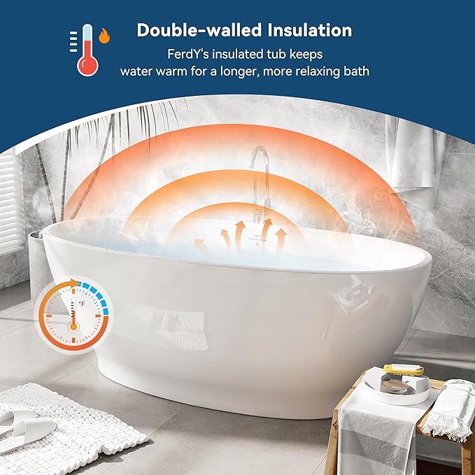 FerdY Koh Samui 65" Freestanding Bathtub, Elegant Oval Shape, Double Walled Insulation Bathtub with Center Matte Black Drain & Minimalist Linear Design Overflow