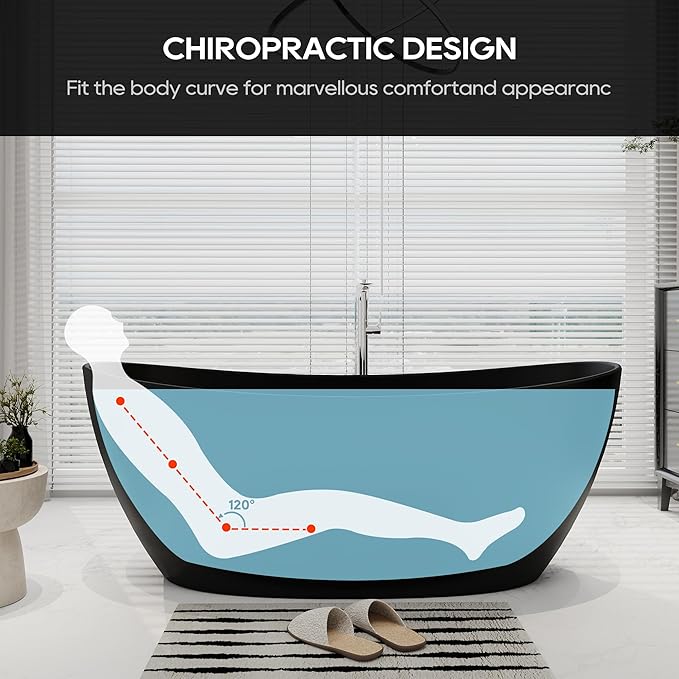 SJ STAR&JANE 65" Solid Surface Freestanding Bathtub Stone Resin Soaking Tub Matte Black Double Slippers Stand Alone Oval Tub with Pop-up Drain and Overflow for Bathroom
