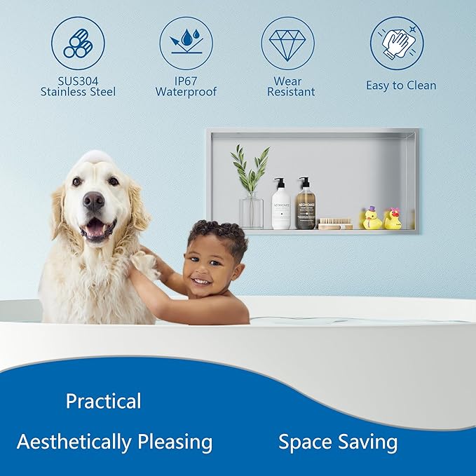 Neodrain Recessed Shower Niche Shelf Stainless Bathroom Cabinet Shelf, Inner Size 24" X 12" X 4", Brushed Nickel Wall Niche Bathroom Cubby Storage