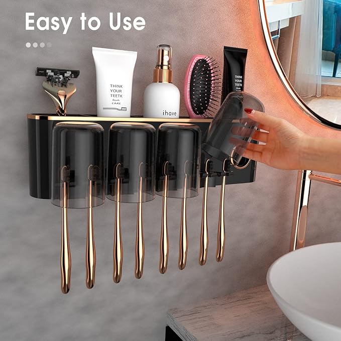 iHave Toothbrush Holders Bathroom Accessories with Toothpaste Dispenser, 4 Cups Toothbrush Holder Wall Mounted Bathroom Decor