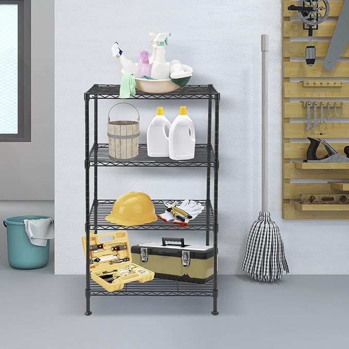 BNSPLY 4 Tier Wire Shelving Unit, Height Adjustable Wire Shelves with NSF Certified, Metal Storage Rack Shelf Unit for Kitchen, Laundry, Bathroom, Pantry, Closet (12" D x 19.7" W x 31.5" H, Black)