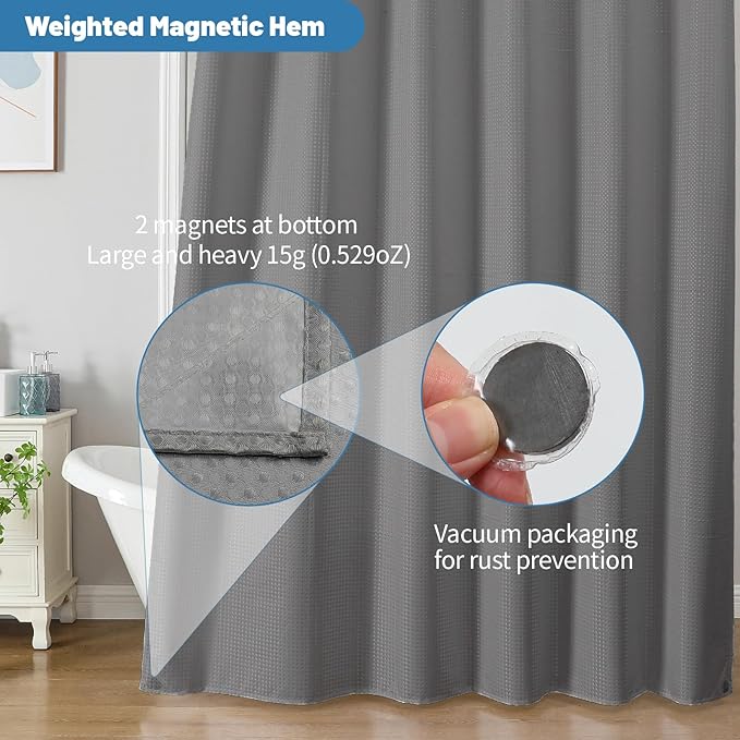 2-in-1 Waterproof Fabric Shower Curtain - No Separate Liner Needed, Hotel-Style Waffle Weave, Effortless Cleaning & Washable Bathroom Shower Curtain Set,72Wx78H,Grey