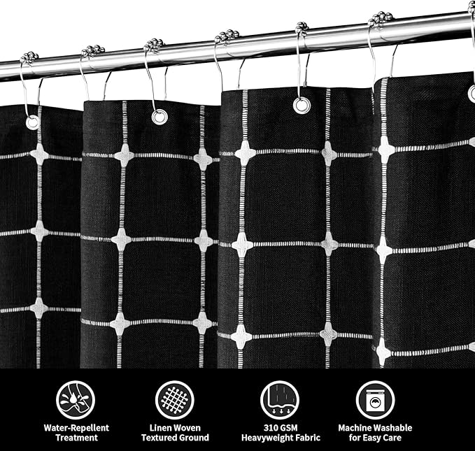 MitoVilla Black Boho Extra Long Shower Curtain 72 x 84, Modern Farmhouse 84 inch XL Polyester Linen Texture Tassel Fabric Shower Curtain Set with Hooks for Cottagecore Country Bathroom Decor