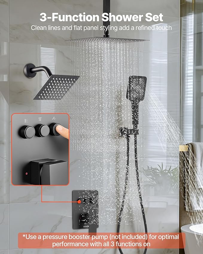 VEVOR Shower Faucet Set, 12 Inch Ceiling Mount Rainfall Shower System with 6 Inch Wall Mount Head and 4 in 1 Handheld Spray, Rotatable 3-Function Dual Rain Head Brass Valve and Trim Kit, Matte Black