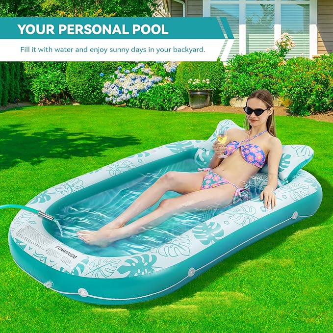 Inflatable Tanning Pool Lounger Float with Cervical Pillow - Pool Floats Adult for Sunbathing, Backyard, Pool Party - Inflate Ball Pit for Babies - Kids Swimming Pool Bed