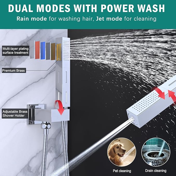 ENGA Shower System with Tub Spout, Bathtub Shower Faucet Combo Set - 10" & 6" Square Rain Shower Heads with 2 in 1 Handheld Spray, 4 Way Water Diverter, Chrome