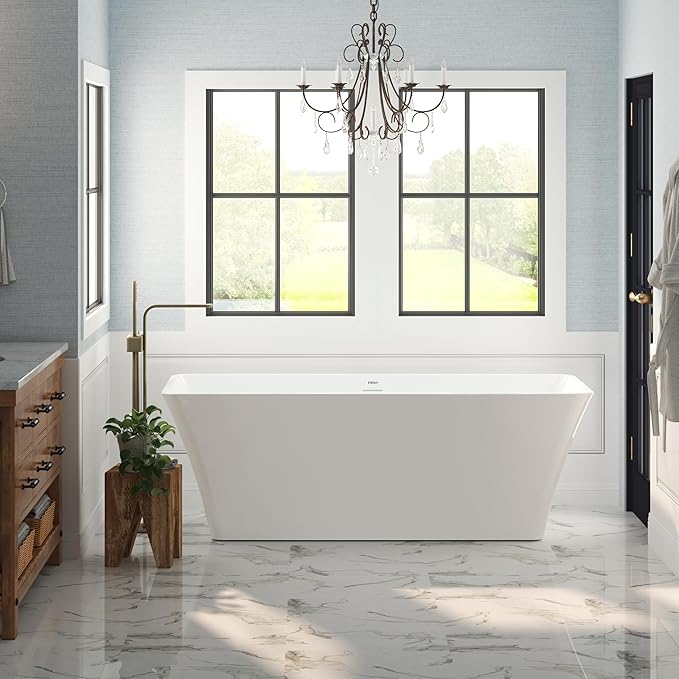 FerdY Sentosa 67" Acrylic Freestanding Bathtub, Contemporary Design Soaking Tub with Polished White Drain and Minimalist Linear Design Overflow, Easy to Install