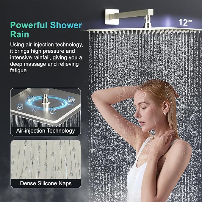 SR SUN RISE 12 Inch Square Shower System, Rain Shower Head and Slide Bar Handheld Shower Faucet Wall Mounted Combo Set Included Valve and Trim Kit for Bathroom, Brushed Nickel