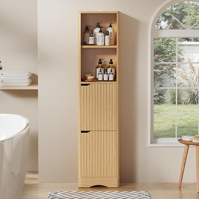 67" Tall Bathroom Organizer and Storage, Narrow Storage Cabinet with 2 Doors and 4 Shelves, Freestanding Floor Storage Unit,15.7" W x 11.8" D x 66.9" H, Nature