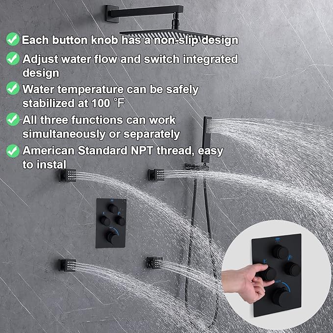 Modern Push Button 3 Way Thermostatic Shower Valve, Concealed Multi Function Brass Faucet Rough-In Mixer Shower Diverter Valve Kit Can Control Flow and On-Off Simultaneously, Matte Black