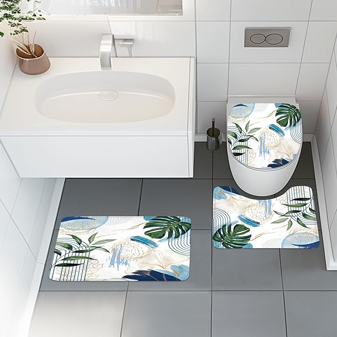4 PCS Blue Boho Shower Curtain Set 72Wx72H Non-Slip Bath Rug Toilet Lid Cover and U Shape Mat Navy Modern Tropical Palm Leaves Complete Bathroom Set Accessories with 12 Hooks Bathroom Decor