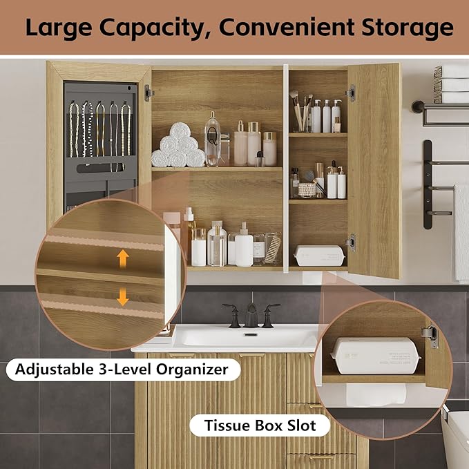 Lighted Bathroom Medicine Cabinet with Mirror，30 x 28 Inch Wall-Mounted Bathroom Wall Cabinet with Storage, LED Lights, Adjustable Shelves,Natural