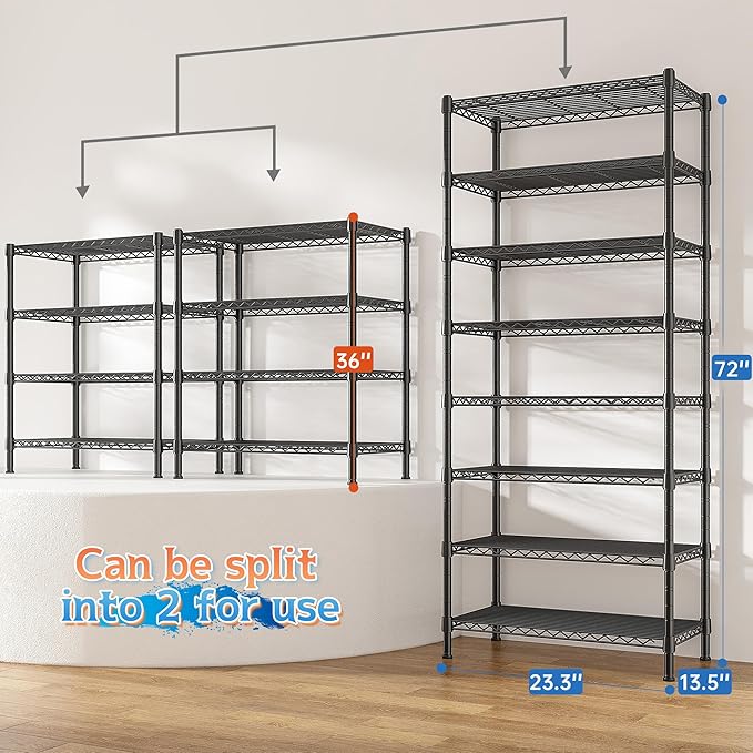 8 Tier Wire Shelving Rack Storage Shelves Loads1200LBS,Metal Shelving Adjustable Unit and Metal Shelf Pantry Shelves Industrial Shelving for Commercial Kitchen Office 72H X 13.8D X 23.6W