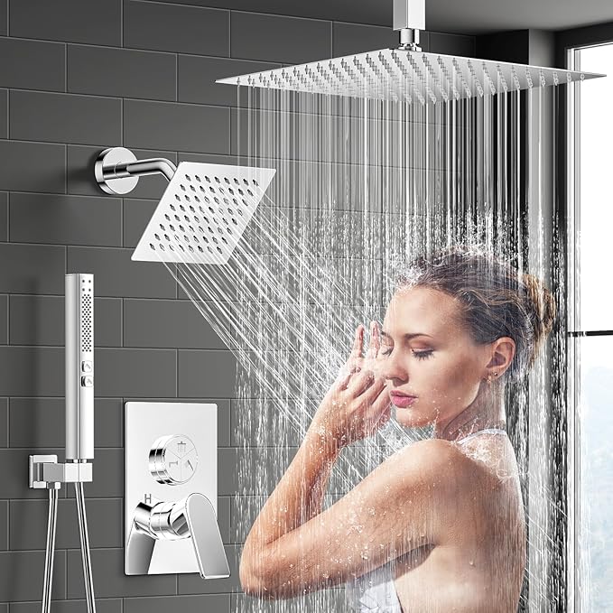 Shower Faucet Set, 3-Setting Push Button Polish Chrome Shower System, 12 Inch Ceiling Mounted Shower Head, 6 Inch Wall Mounted Rain Shower Head with 2 in 1 Handheld Spray, Shower Valve Trim Kit