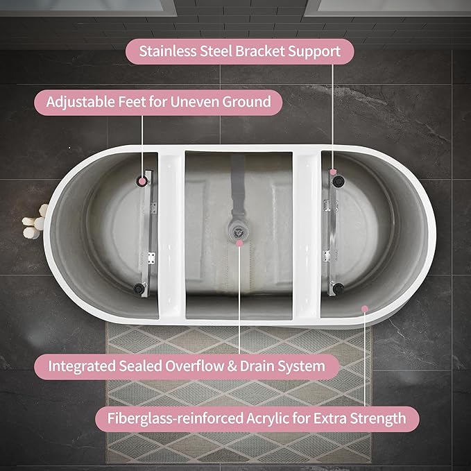 ABRUZZO 63" Acrylic Freestanding Bathtub - Deep Soaking Tub with Pop-Up Drain & Overflow, Glossy White Standalone Bathtub for Modern Bathroom, Fiberglass Reinforced Construction