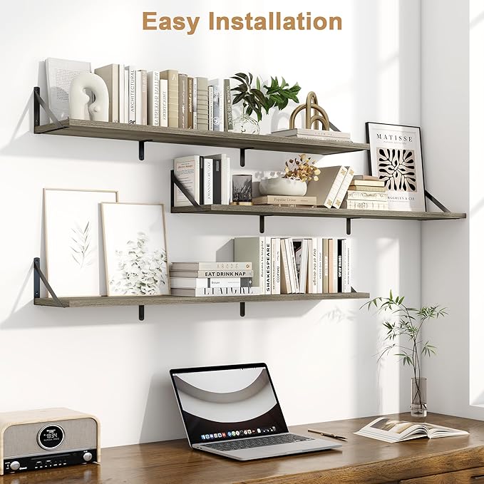 Fun Memories Extra Long Floating Wall Shelves, 48 x 8 Inches, Set of 3 Large Wood Floating Bookshelves with Metal Brackets for Storage & Display (Grey)