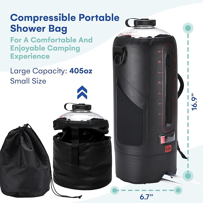 HappyPo Camping Shower - Portable Camping Solar Shower Pump- Shower Bag with Pressure Foot Pump with Temperature Indicator - Camp Water Equipment for Road Travel