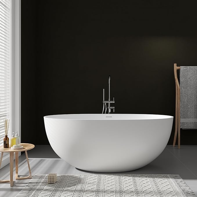 SJ STAR&JANE 55" Solid Surface Freestanding Bathtub, Stone Resin Oval Soaking Tub Matte White Stand Alone Tub with Overflow and Pop-up Drain for Bathroom