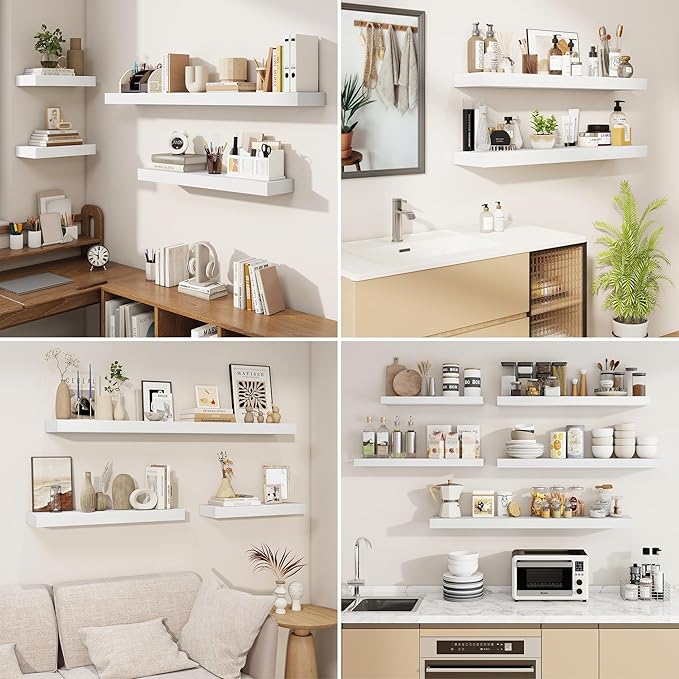 fuqing Floating Shelves for Wall, Wall Mounted Wood Floating Shelf with Invisible Brackets for Living Room, Bathroom, Bedroom, Kitchen Storage and Decor, 32 Inch Set of 2, White
