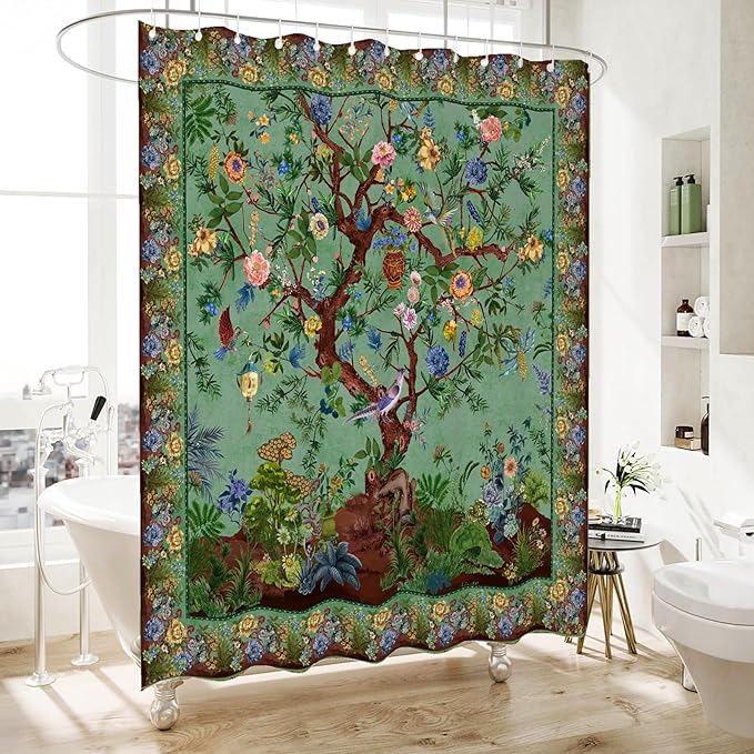 Bohemian Shower Curtain, Boho Floral Print Water Repellent Polyester Fabric for Bathroom Decor, 72×72 Inch Standard Size with 12 Hooks, Also as Room Divider