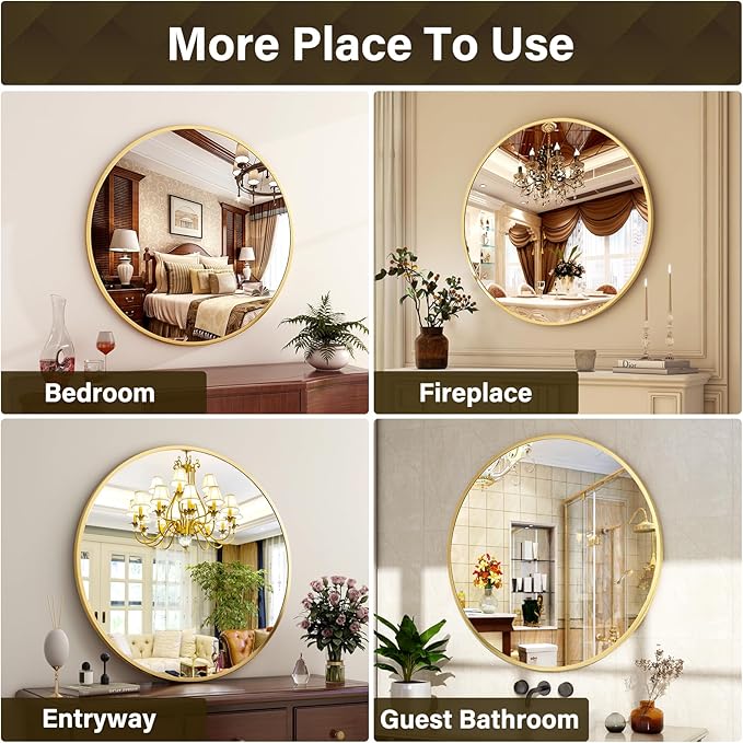 24 Inch Round Mirror - Circle Mirrors for Bathroom, Entryway and Living Room Wall Decor, Modern Hanging Vanity Mirror, Matte Gold Circle Decorative Wall Mirror