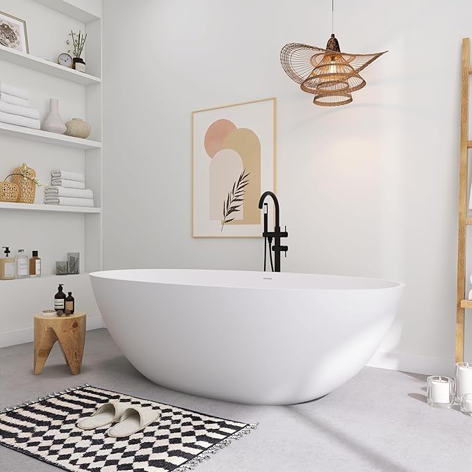 SJ STAR&JANE 71" x 35" SJ STAR&JANE Solid Surface Freestanding Bathtub Stone Resin Oval Soaking Tub Stand Alone Tub with Pop-up Drain & Overflow Matte White