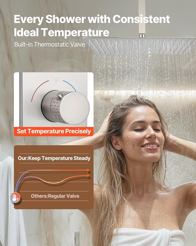 VEVOR Shower Faucet Set, 16 Inch Thermostatic Ceiling Mount Rainfall Shower System with 6 Inch Wall Mount Head, 6 Body Jets and Handheld Spray, Dual Rain Head Brass Valve and Trim Kit, Brushed Nickel