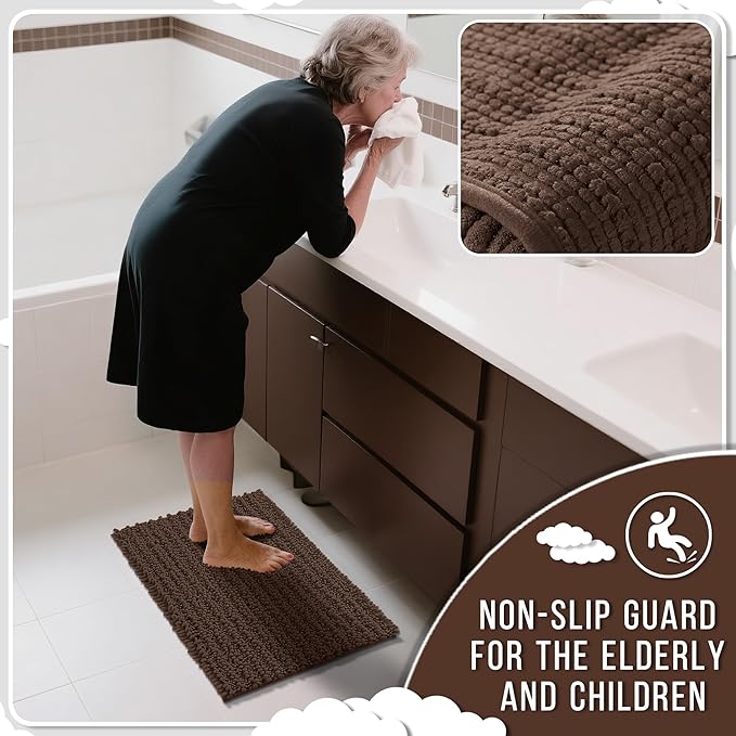 Yimobra Bathroom Runner Rug 70x24 Inch - Extra Long Non Slip Chenille Bath Mat, Soft & Absorbent, Machine Washable Shaggy Hallway Carpet for Vanity Tub Shower, Brown Home Decor Accessories