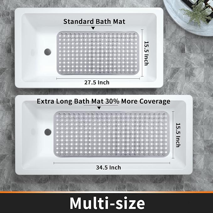 Yimobra Bathtub Mat Non Slip, Super Strong Suction Cups, 27.5"x15.5" Long Shower Mat with Drain Holes, Machine Washable Fast Draining Bath Mats, Bathroom Essentials,Clear Gray