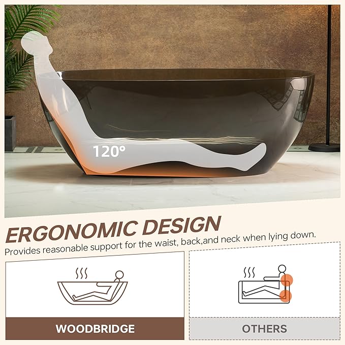 WOODBRIDGE 63" L x 28-3/8" W Transparent Gray Stone Resin Freestanding Soaking Tub with Double Ended Design