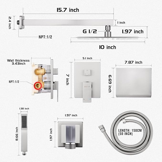 Wall Mounted Shower Faucet Set, Shower System with Tub Spout, 10 Inch Rainfall Shower Head with Handheld Spray, Waterfall Tub Spout Bathtub Faucet, Brushed Nickel