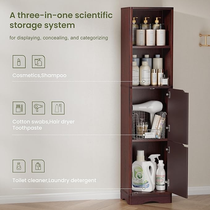 67" Tall Bathroom Organizer and Storage, Narrow Storage Cabinet with 2 Doors and 4 Shelves, Freestanding Floor Storage Unit,15.7" W x 11.8" D x 66.9" H, Walnut