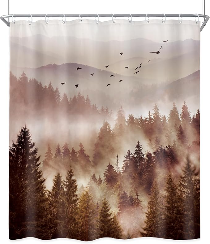 Riyidecor Foggy Mountain Shower Curtain 60Wx72H Inch Abstract Woodland Misty Nature Scenery National Park Scene Rustic Tree Landscape Natural Bathroom Decor Fabric Polyester Waterproof 12 Pack Hooks