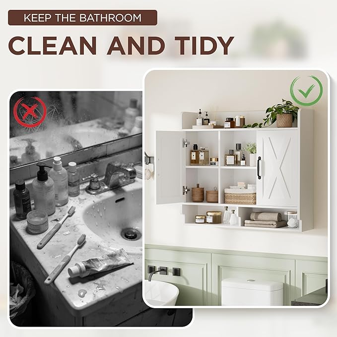 White Bathroom Wall Cabinet, Wall Mount Storage Cabinet, Floating Medicine Cabinet with 4 Open Shelves and 6 Deep Cabinets Over The Toilet for Laundry Room, Kitchen
