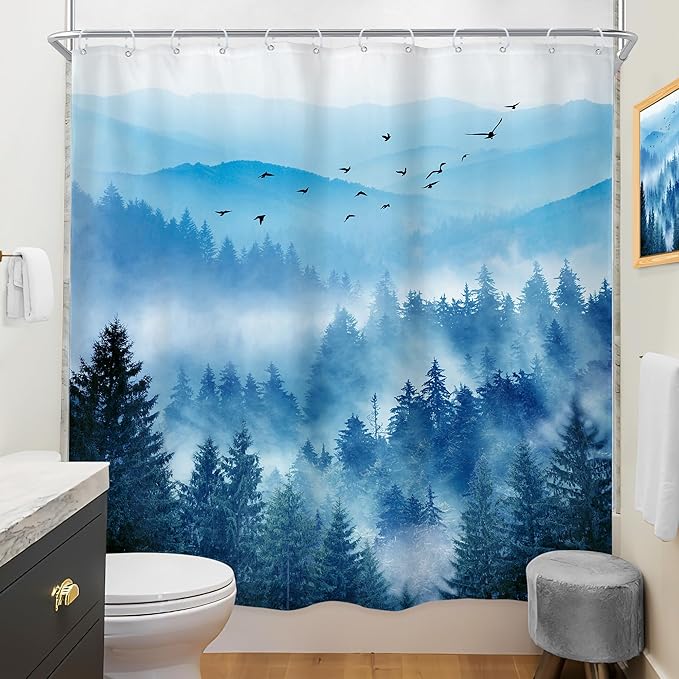 Riyidecor Navy Blue Mountain Shower Curtain 72Wx84H Inch Extra Long Woodland Scenery Park Scene View Natural Foggy Pine Tree Alpine Cool Men Bathroom Decor Fabric Polyester Waterproof 12 Pack Hooks