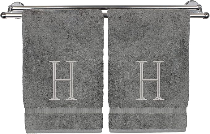 Monogrammed Hand Towel, Personalized Initial Gift, Extra Absorbent 100% Turkish Cotton - Soft Terry Finish - Set of 2 - Silver Block Initial H - Embroidered on Grey Towels