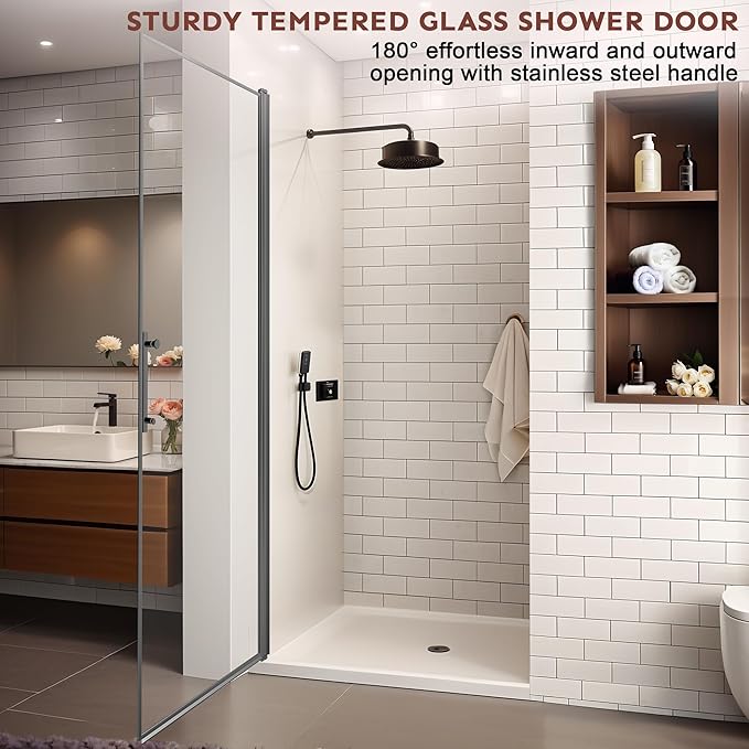 36-Inch Black Shower Door – 72" Height – 115° Opening (Left/Right) – Magnetic Seal – Aluminum Frame – Sliding/Walk-in Glass Enclosure – Tempered Glass