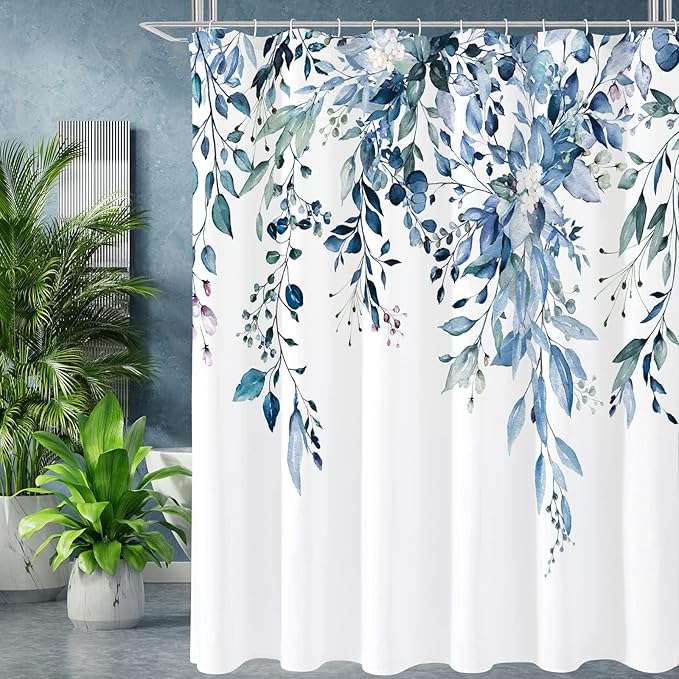 Gibelle Extra Long Shower Curtain 72 x 84, Blue Floral Shower Curtain for Bathroom, Watercolor Plant Eucalyptus Leaves Fabric Shower Curtain Set