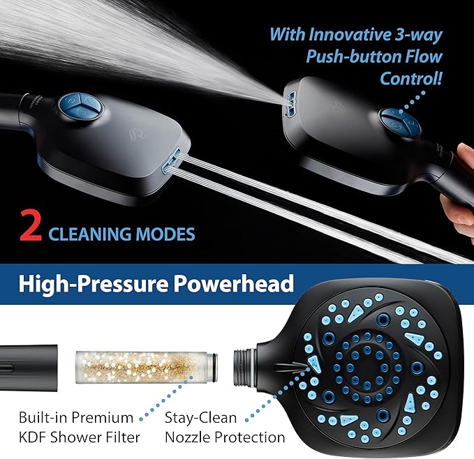 6-way High Pressure 82 Spray Mode Filtered Showerhead Combo - Handheld Shower Head Filters Chlorine to Heal Dry Skin, Revive Hair - Dual Power Wash Cleans Tub, Tile, Pets - Hard Water Softener, Black